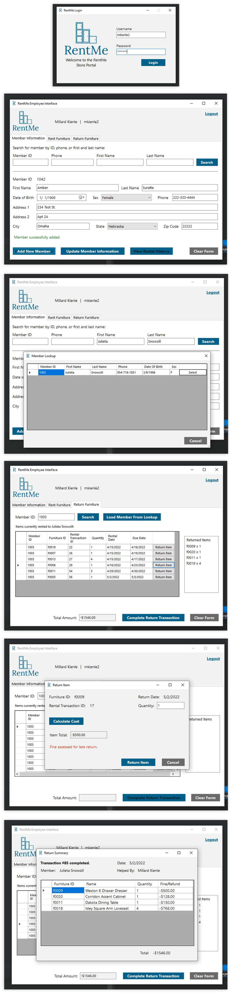 C#, WinForm, ADO.NET & MS SQL Server Database Application - RentMe